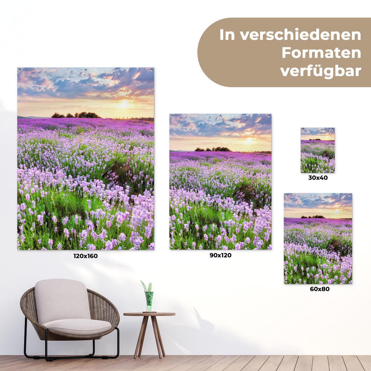 GARTENPOSTER Blumen - Lavendel - Lila - Himmel - Sonnenuntergang - Wiese - Natur Gartendekoration 120x160 cm - Flieder, Kunststoff (120/160/0.2cm) - OnlyWow