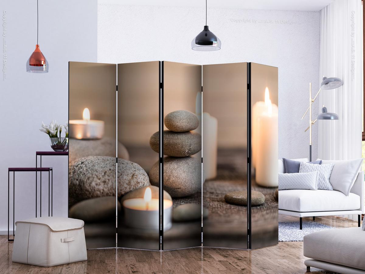 PARAVENT Einseitig Bedruckter 5-tlg 225x172 cm Kerzen und Steine - Braun, Holz/Textil (225/172/3cm) - Muralo