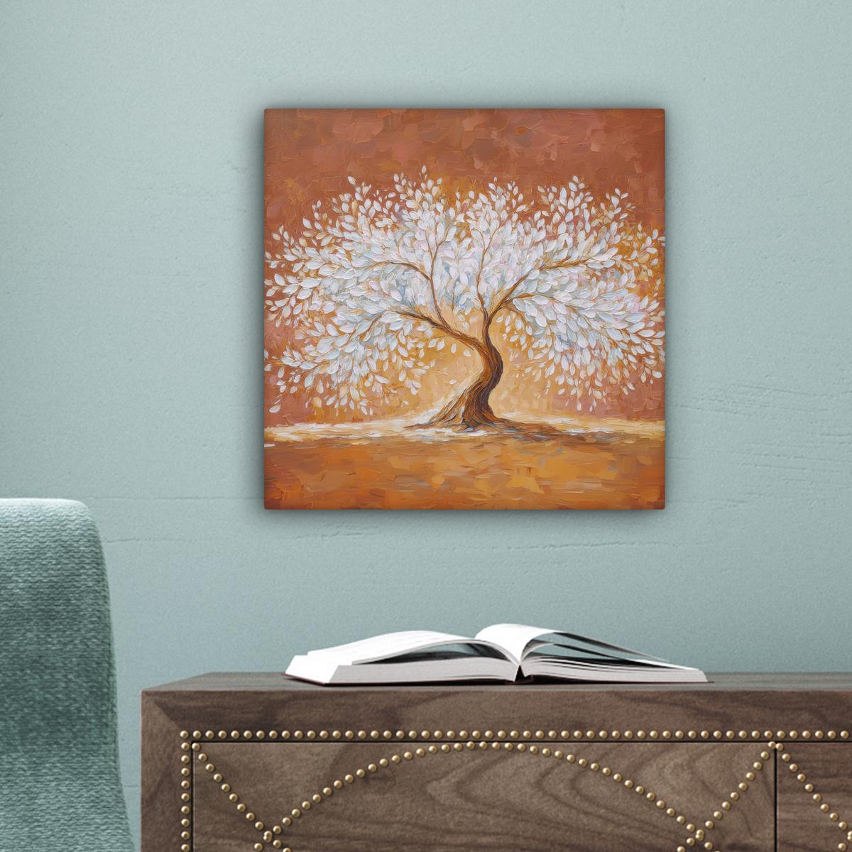 LEINWANDBILD Abstrakt - Baum - Weiß - Blätter Deko Wohnzimmer 20x20 cm - Braun, Textil (20/20cm) - MuchoWow