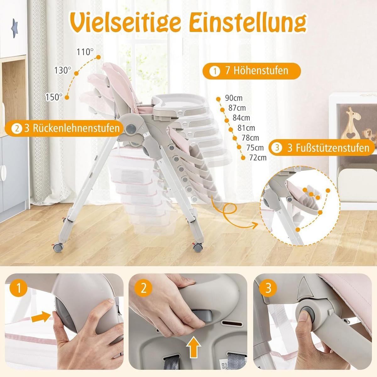 KINDERHOCHSTUHL Höhenverstellbar rosa - Pink, Kunststoff (102/92/55cm) - COSTWAY
