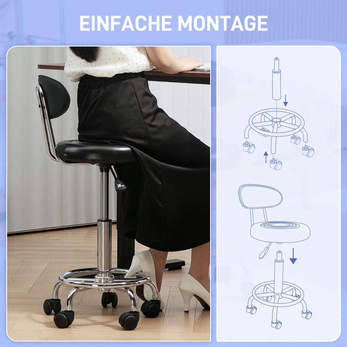 ROLLHOCKER höhenverstellbar Drehhocker Drehbar Salon Hocker mit Lehne, Rädern - Schwarz, Kunststoff (32/86/40cm) - HOMCOM