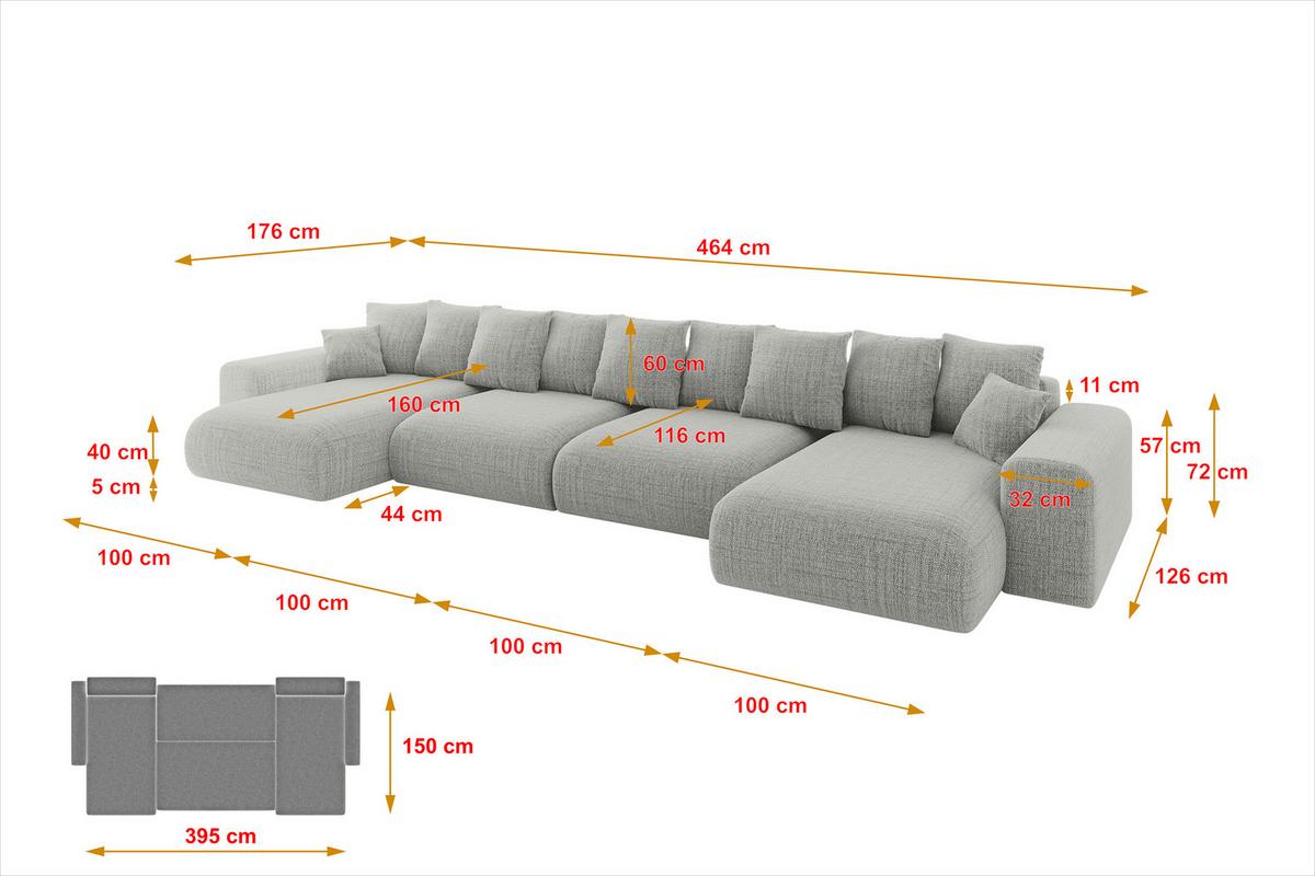 WOHNLANDSCHAFT mit Schlaffunktion ESKAR-U2-464x176x72cm Hellgrau - Graphitfarben, Holzwerkstoff/Kunststoff (176/72/464cm) - ALTDECOR