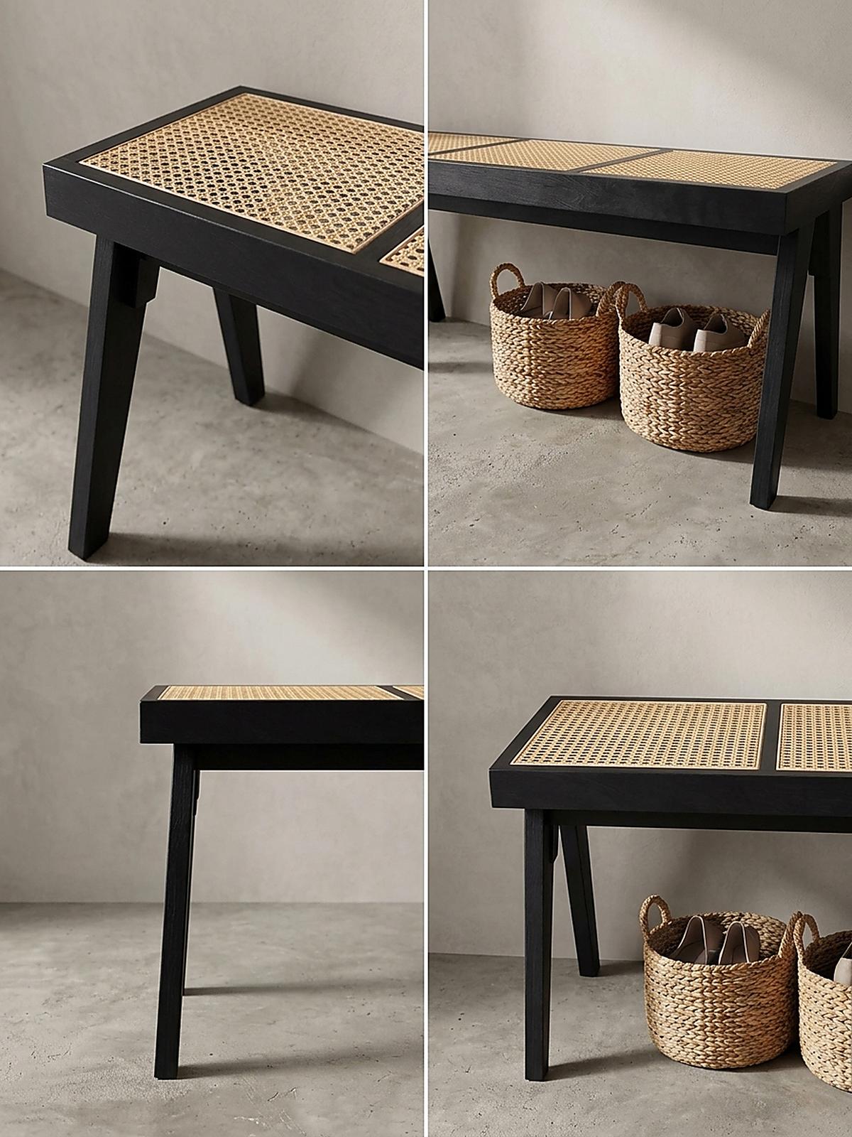 SITZBANK SILVES, Rattan, Schwarz-Natur, 120 x 38 x 48 cm - Beige/Schwarz, Akazienholz/Naturmaterialien (120/48/38cm) - KADIMA DESIGN