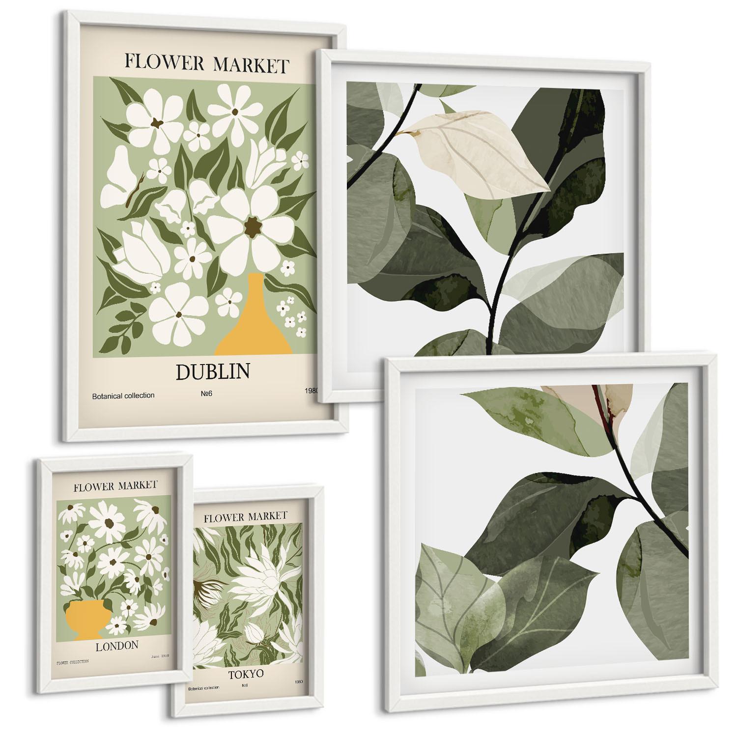 BILDER SET 5er Set - 50x50 cm & 20x30 cm & 40x60 cm Weißer Rahmen - Blumenmuster London Dublin - Weiß, Kunststoff (40/60cm) - TULUP