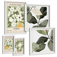 BILDER SET 5er Set - 50x50 cm & 20x30 cm & 40x60 cm Weißer Rahmen - Blumenmuster London Dublin - Weiß, Kunststoff (40/60cm) - TULUP