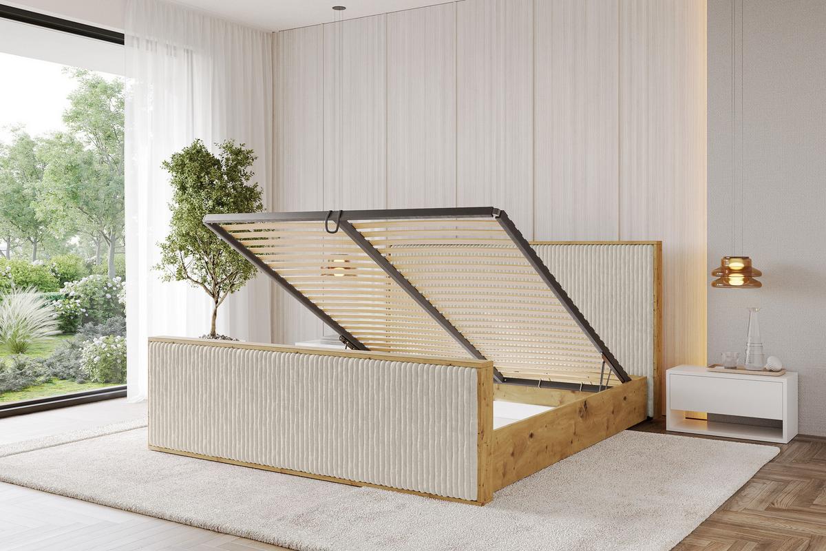 POLSTERBETT mit Bettkasten und Lattenrost, Boxbett mit Stauraum und Kopftei mit Matratze H3/H4 - ENZO10 200x200 Creme - Beige, Holzwerkstoff/Textil (200/200cm) - ALTDECOR