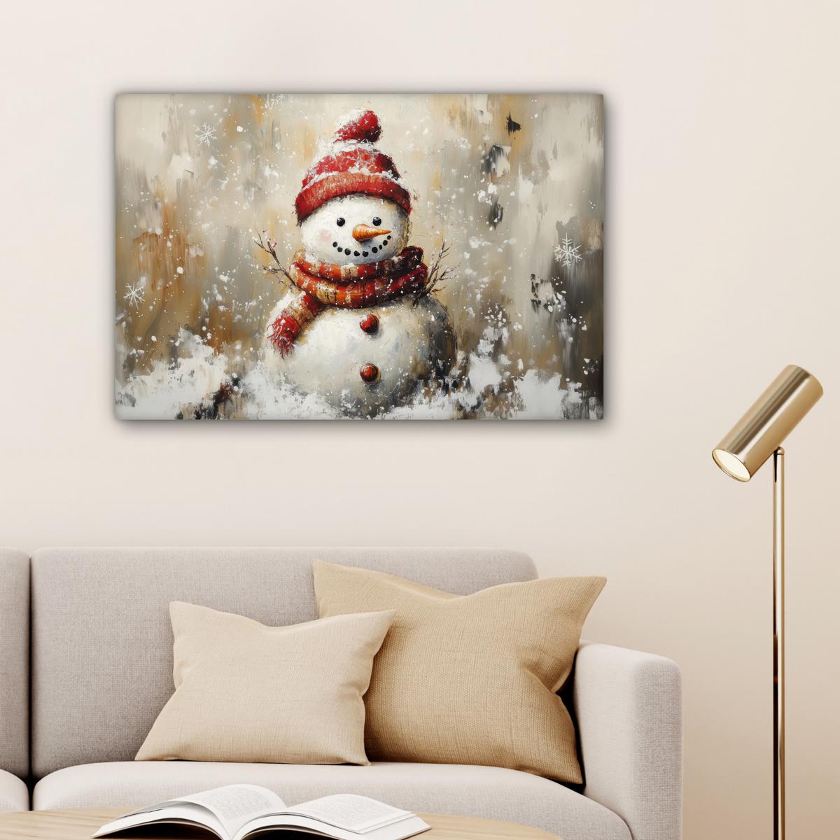 LEINWANDBILD Schneemann - Winter - Schnee - Beige Wanddeko 90x60 cm - Weiß, Textil (90/60cm) - MuchoWow