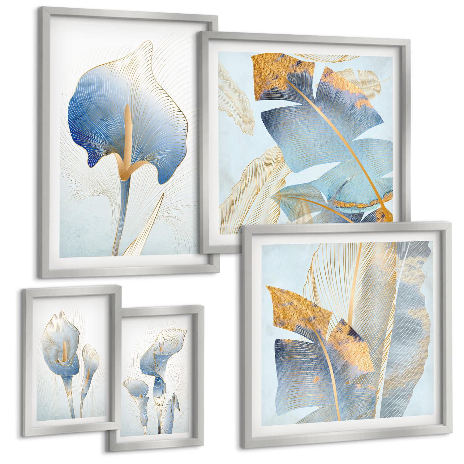 BILDER SET 5er Set - 50x50 cm & 20x30 cm & 40x60 cm Silberner Rahmen - Blaue Blumen im Hintergrund - Silberfarben, Kunststoff (40/60cm) - TULUP