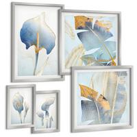 BILDER SET 5er Set - 50x50 cm & 20x30 cm & 40x60 cm Silberner Rahmen - Blaue Blumen im Hintergrund - Silberfarben, Kunststoff (40/60cm) - TULUP
