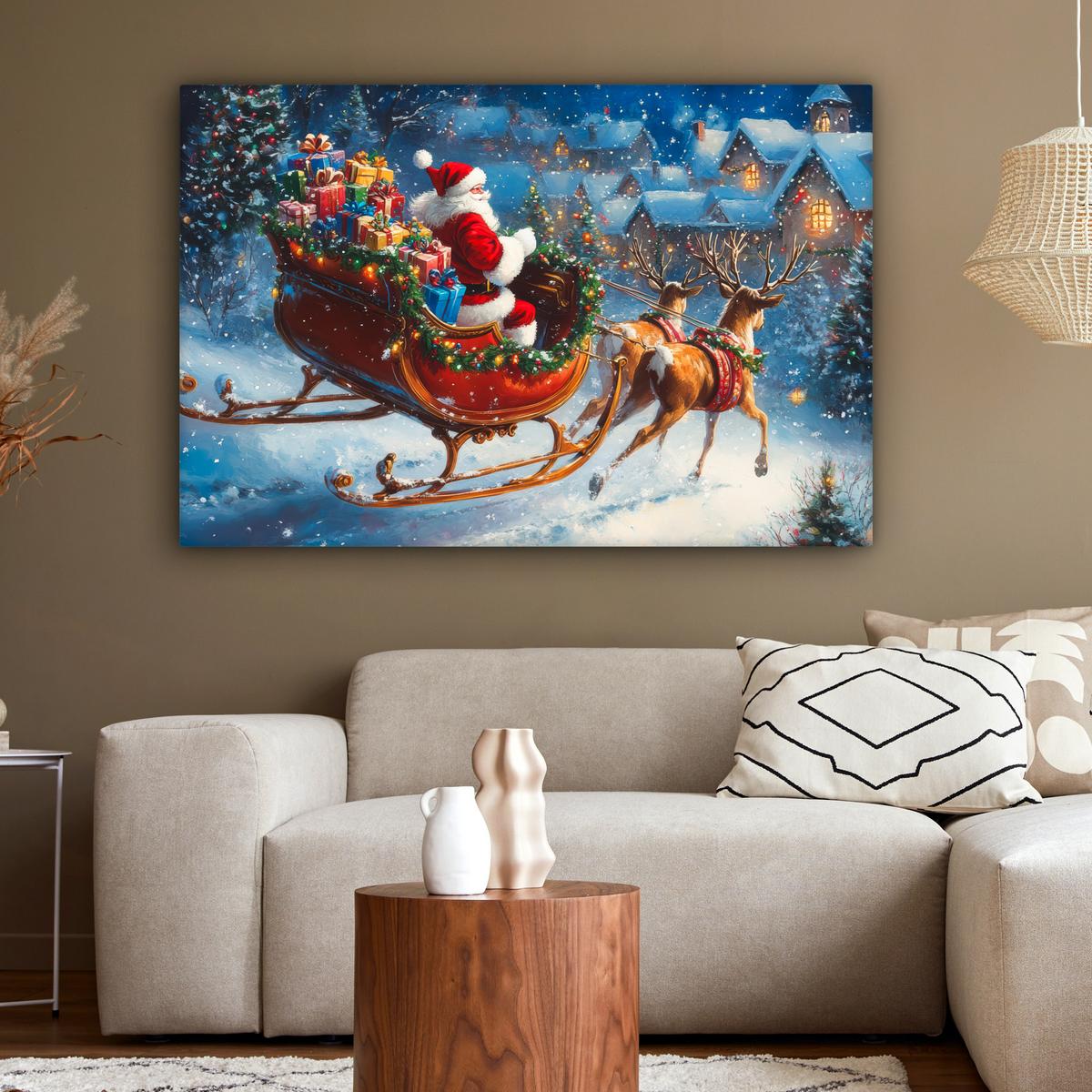 LEINWANDBILD Weihnachtsmann - Rentier - Weihnachten - Schnee XXL 150x100 cm - Cognac, Textil (150/100cm) - MuchoWow