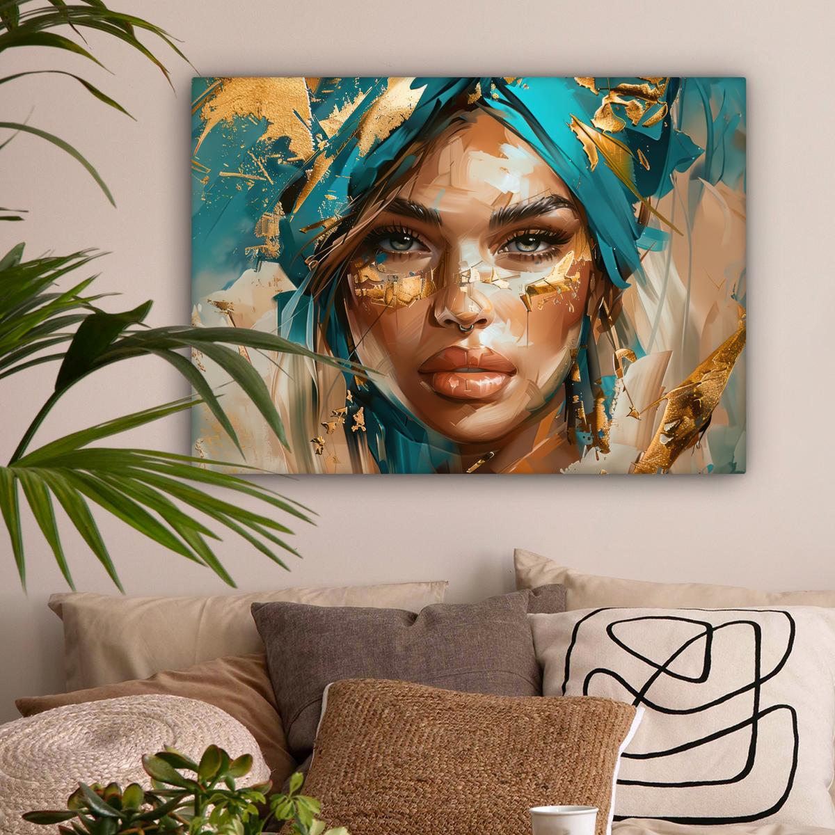 LEINWANDBILD Frau - Porträt - Gold - Luxus - Blau Wandbilder 80x60 cm - Türkis, Textil (80/60cm) - MuchoWow