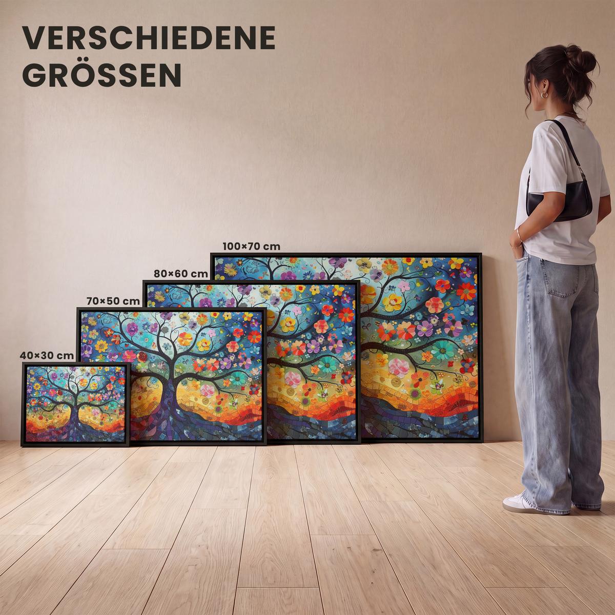 LEINWAND Bilder mit Rahmen - Kunst - Baum des Lebens - Blumen - Hippie - 70x50 - Dunkelblau, Textil (70/50cm) - MuchoWow
