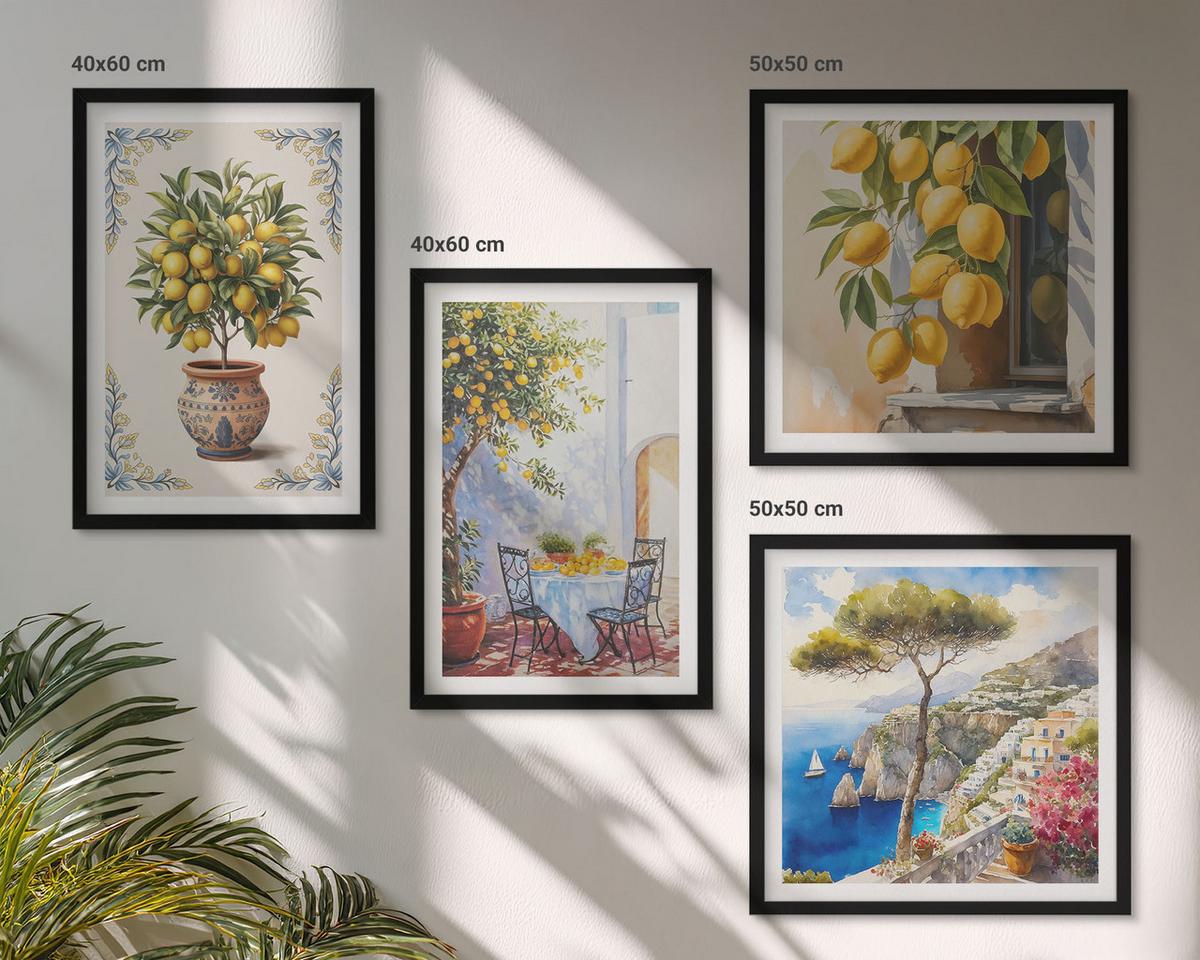 BILDER SET 4er Set - 50x50 cm & 40x60 cm Schwarzer Rahmen - Zitronenbäume in der Sonne - Schwarz, Kunststoff (50/50cm) - TULUP