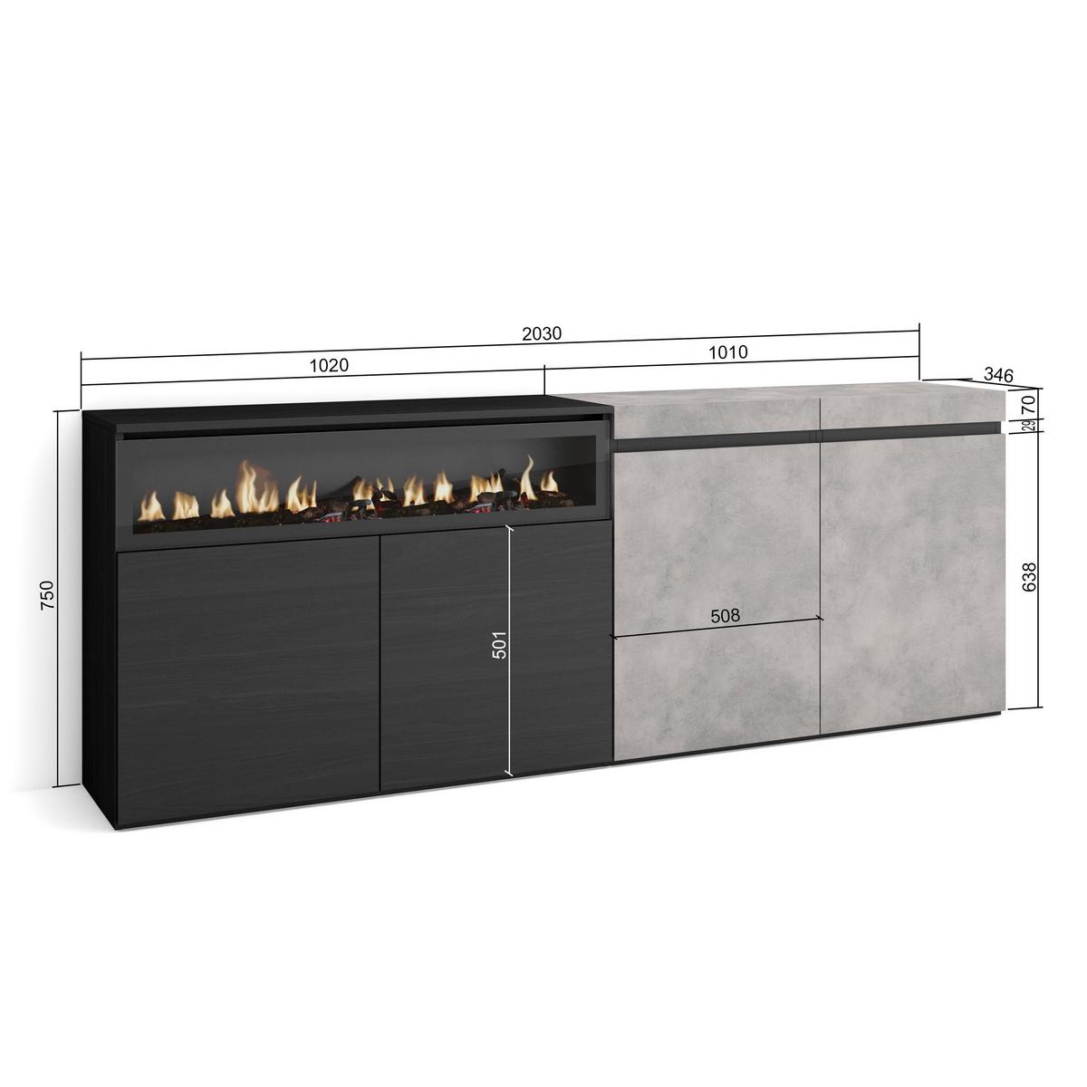 SIDEBOARD Elektrokamin, zementgrau, 200/35/75cm - Schwarz/Grau, Holzwerkstoff (200/75/35cm) - Skraut Home