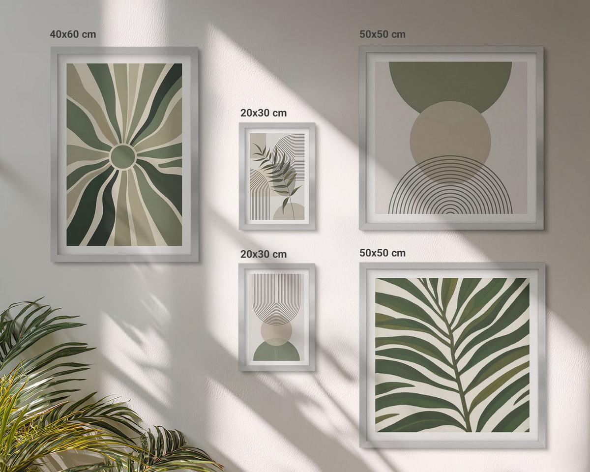 BILDER SET 5er Set - 50x50 cm & 20x30 cm & 40x60 cm Silberner Rahmen - Abstrakte Blätter im Boho-Stil - Silberfarben, Kunststoff (40/60cm) - TULUP