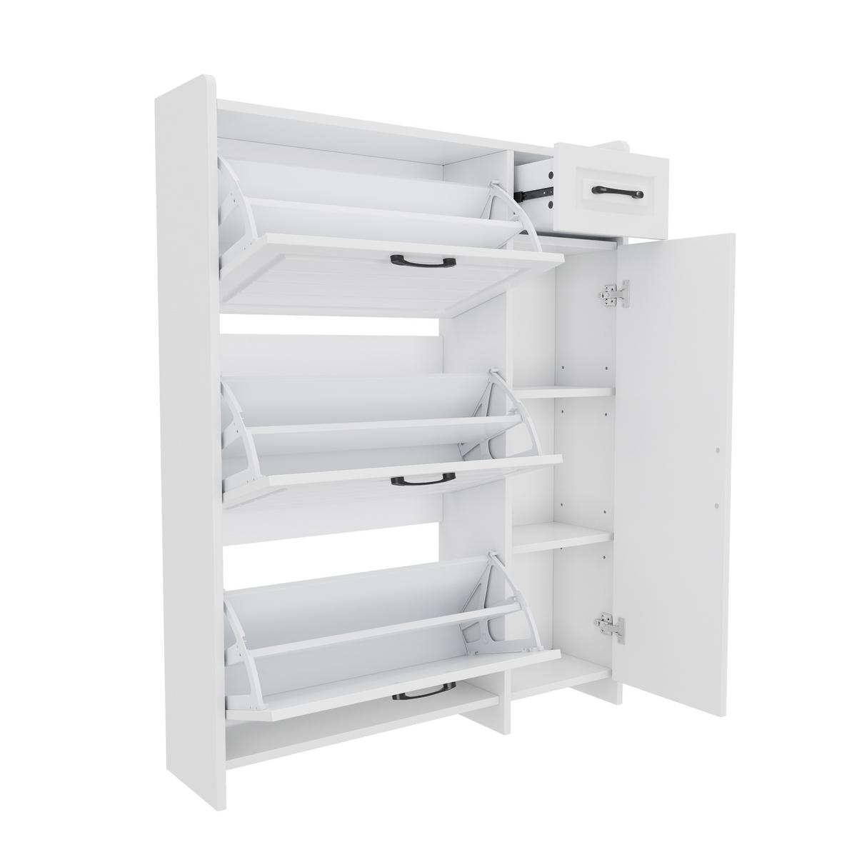 SCHUHSCHRANK Modern 3 Klappfächer 1 Tür Schublade Höhenverstellbar - Weiß, Holzwerkstoff (92/121/24cm) - Urban Meuble