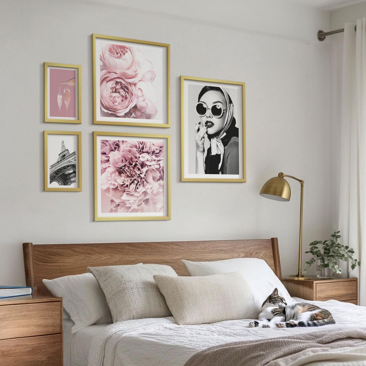 BILDER SET 5er Set - 50x50 cm & 20x30 cm & 40x60 cm Goldrahmen - Porträts, Eiffelturm-Slogans - Goldfarben, Kunststoff (40/60cm) - TULUP