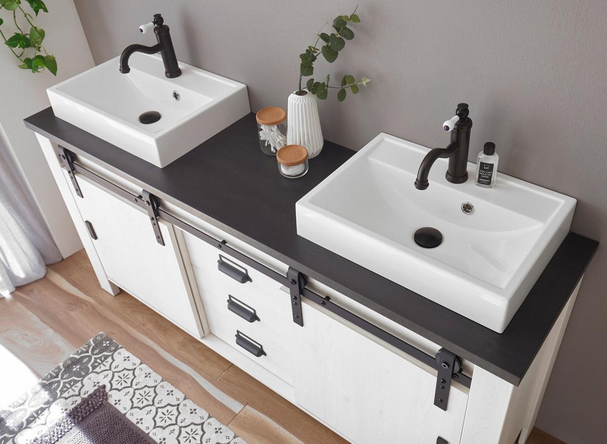 BADMÖBEL-SET weiß Pinie, anthrazit Landhaus, Doppelwaschtisch mit Waschbecken und LED - Anthrazit/Weiß, Holzwerkstoff/Metall (277/210/43cm) - Furn.Design