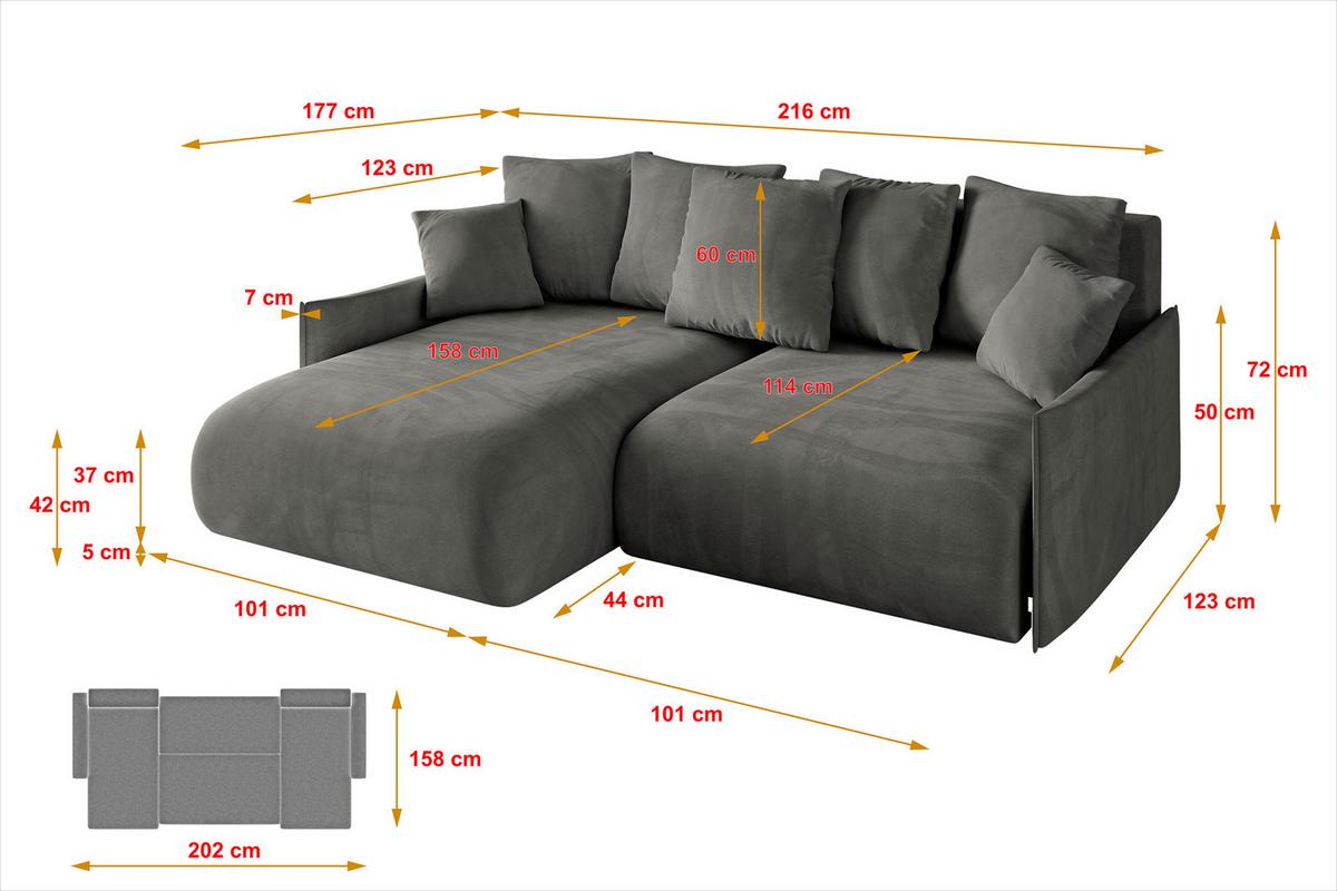 ECKSOFA Ottomane links ONESK-L -v1 216x177x72 Dunkelgrau Velours - Anthrazit, Holzwerkstoff/Kunststoff (216/177cm) - ALTDECOR