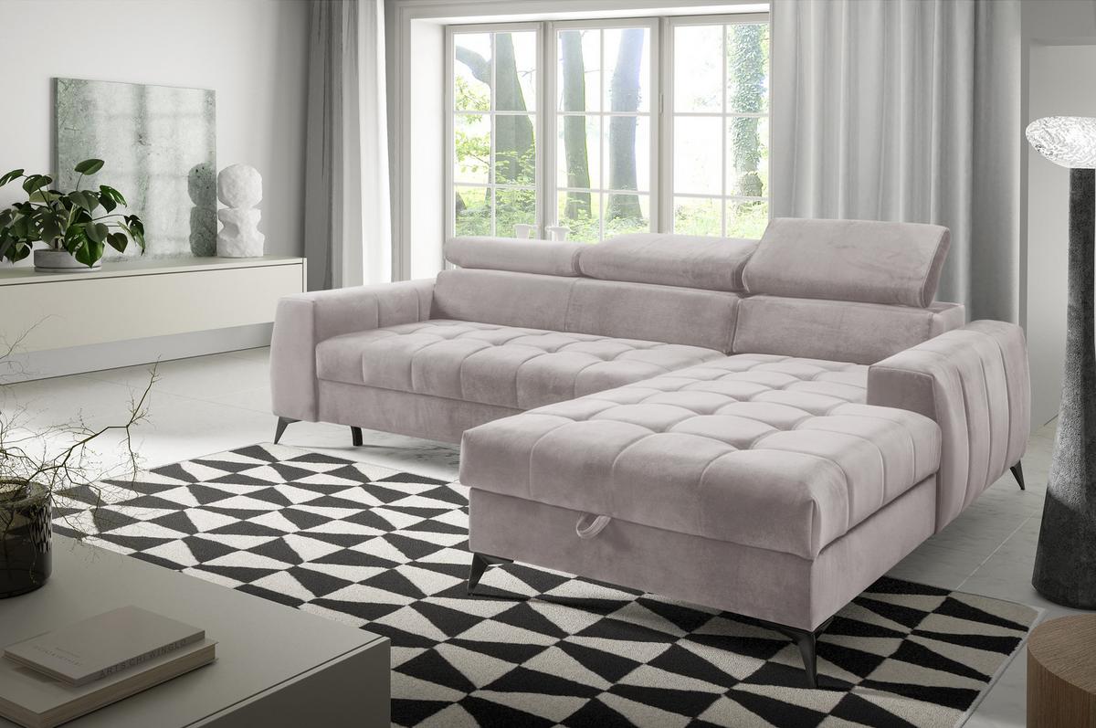 ECKSOFA L Form Arkucio Mini Beige 260/200/95 cm Rechts mit Schlaffunktion - Beige/Schwarz, Textil/Metall (260/200cm) - AX Living