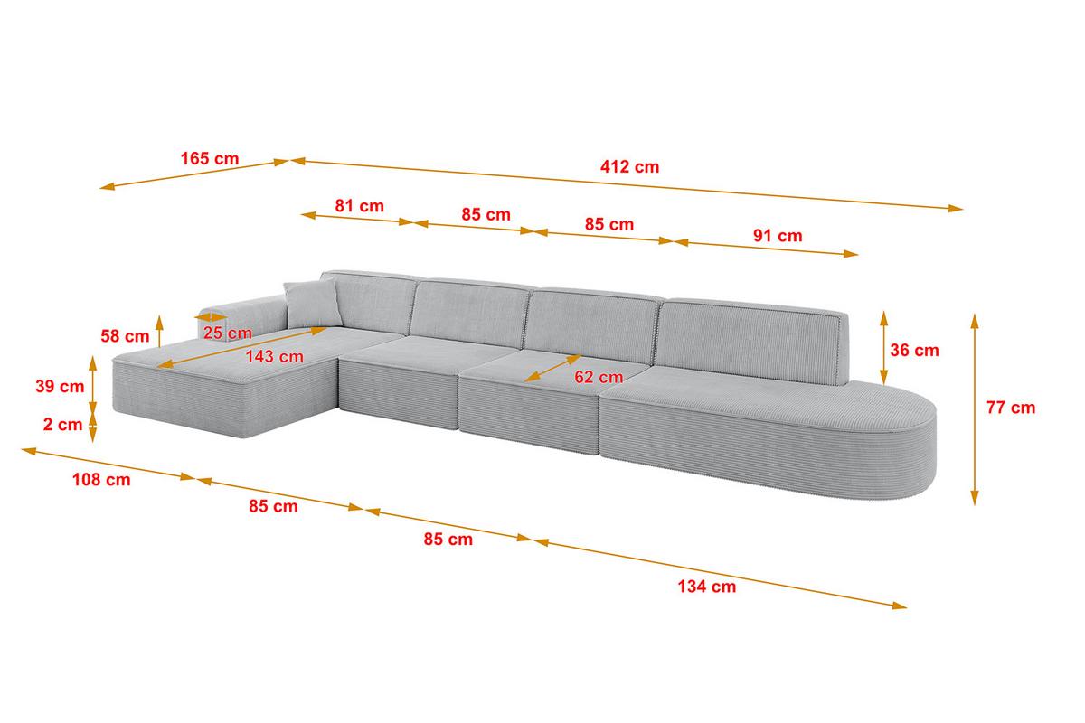 ECKSOFA Ottomane Links IREA-L3-v3 - 412x165x77 cm Grau - Grau, Holzwerkstoff/Textil (412/165cm) - ALTDECOR