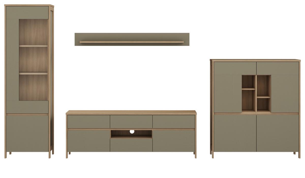 WOHNWAND Salbei grün, Eiche, Schrankwand skandinavisch 4-teilig 360 cm, Soft-Close - Salbeigrün/Eichefarben, Holzwerkstoff/Metall (363/195/39cm) - Furn.Design