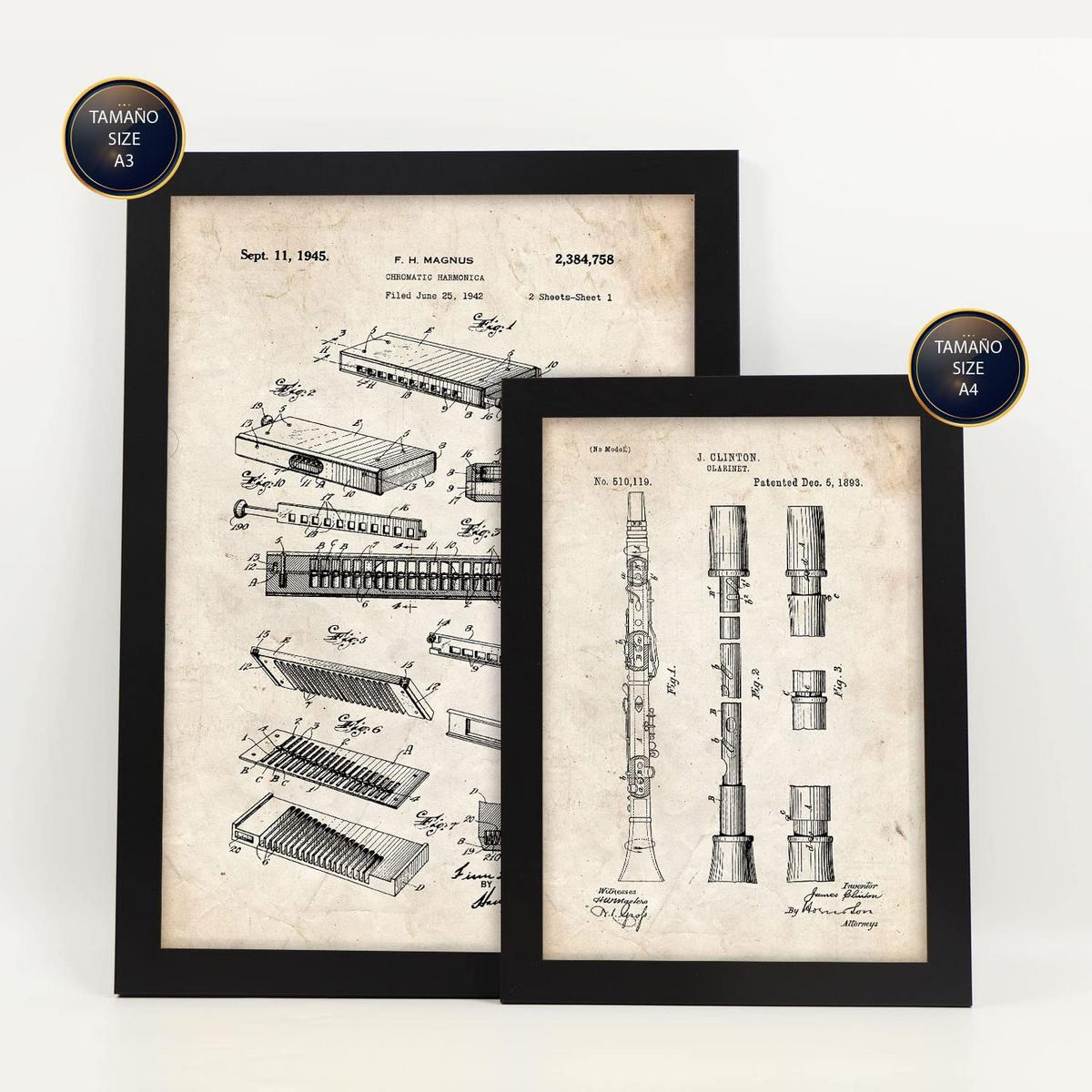 POSTER Set Mit 6 Plakaten Mit Blasinstrument Patenten Im Vintage Stil A3 & A4 Schwarzer Rahmen - Schwarz, Papier (29/3cm) - Nacnic