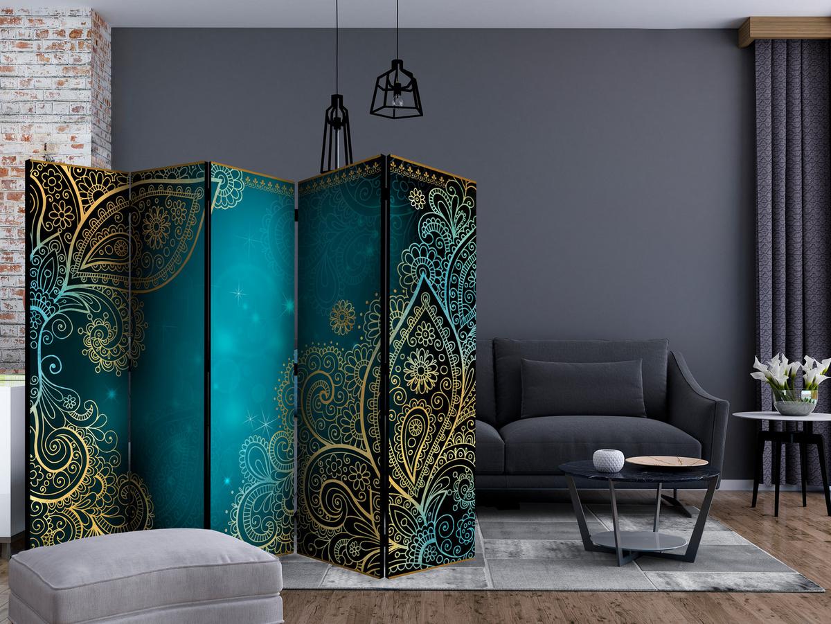 PARAVENT Einseitig Bedruckter 5-tlg 225x172 cm Orientalische Ornamenten - Blau, Holz/Textil (225/172/3cm) - Muralo