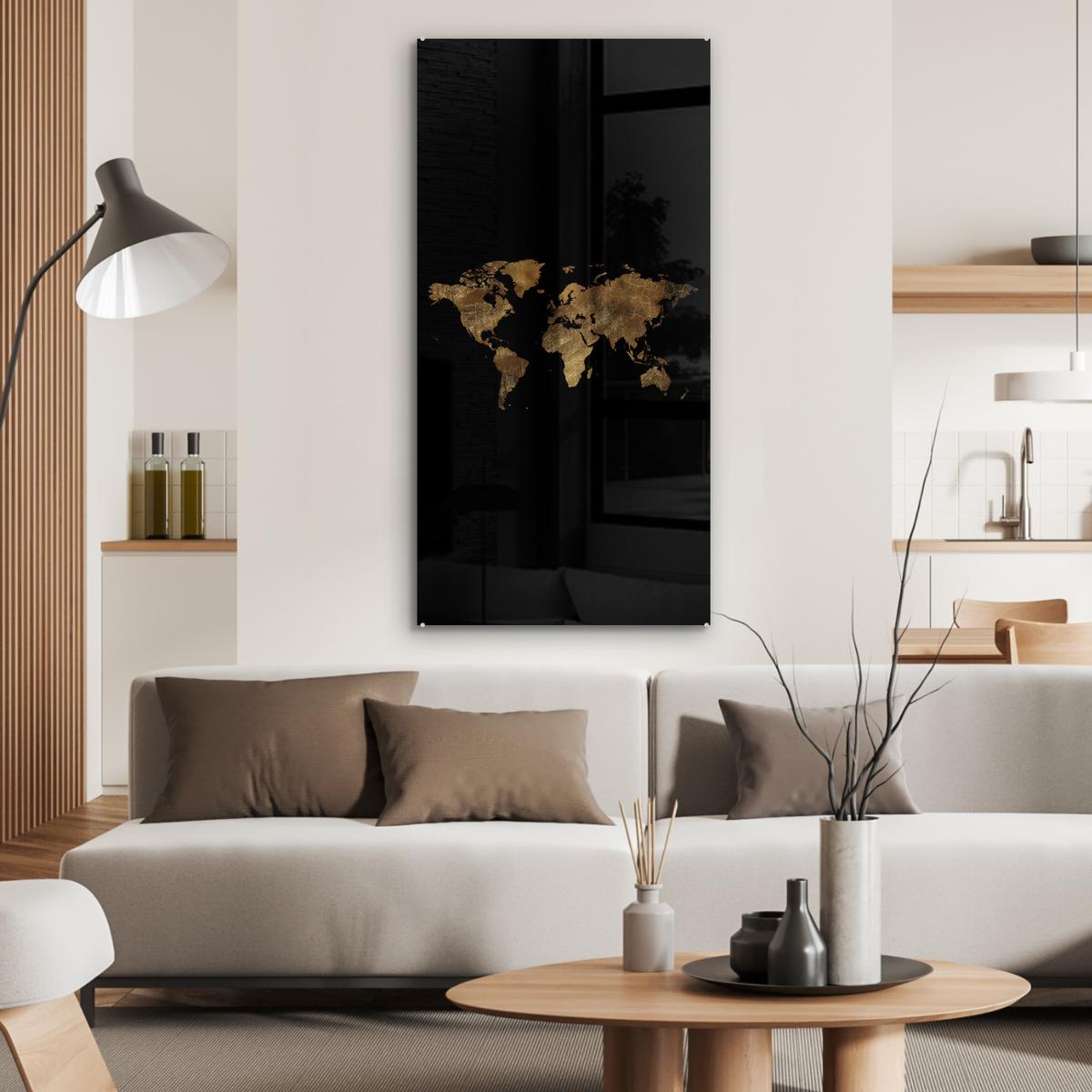 ACRYLGLASBILD Weltkarte - Gold - Luxus - Erde - Schwarz 60x120 cm - Goldfarben, Glas (60/120cm) - MuchoWow