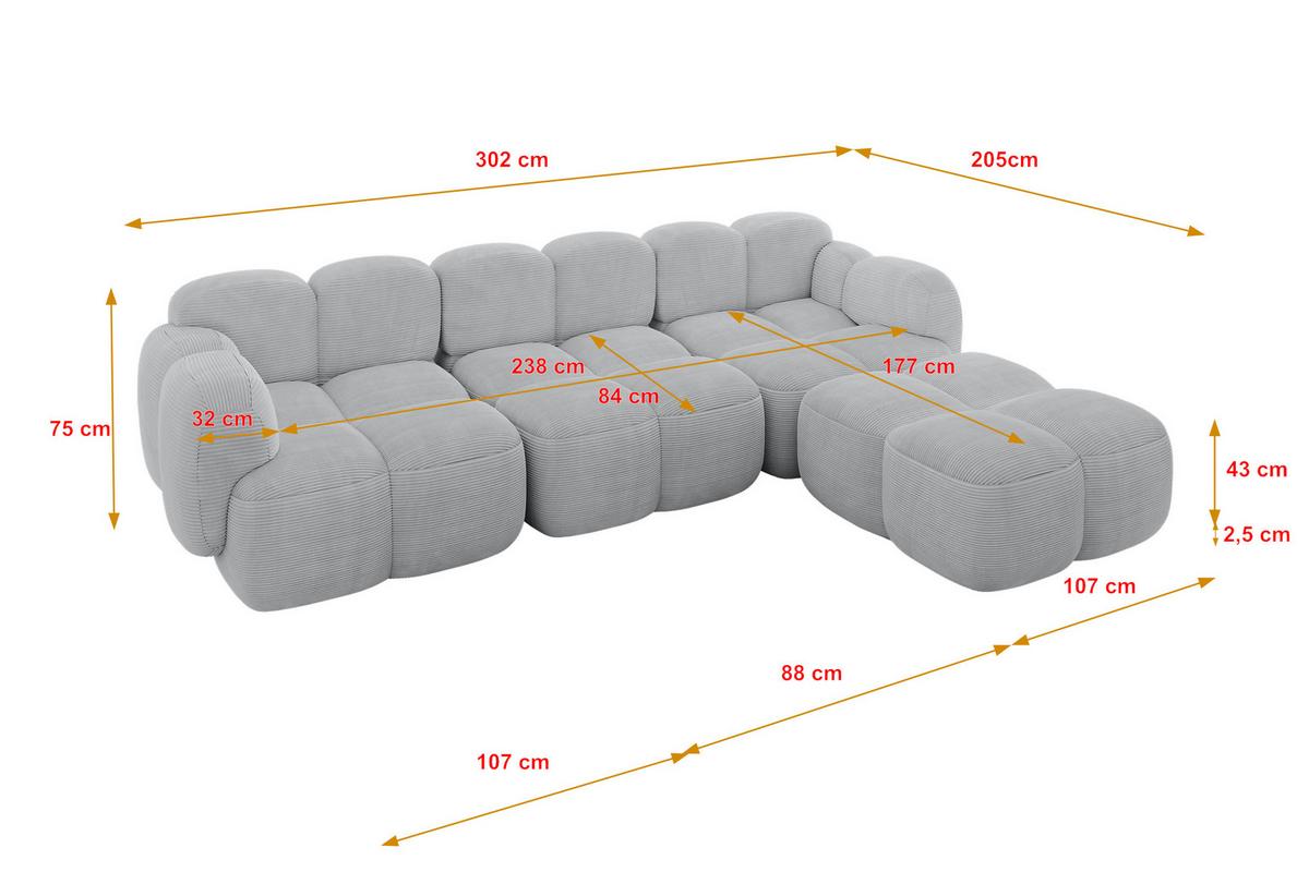 ECKSOFA modulares Sofa Rechts Miko-L2 302x205x75 Grau Cord - Anthrazit/Schwarz, Holzwerkstoff/Kunststoff (302/205cm) - ALTDECOR