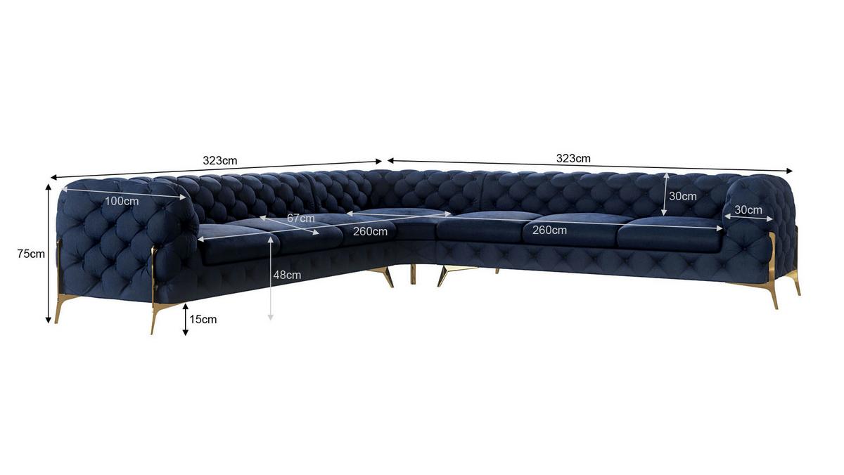 ECKSOFA Chesterfield Lexi Marineblau Samt - Goldfarben/Dunkelblau, Holz/Textil (323/323cm) - S-Style Möbel