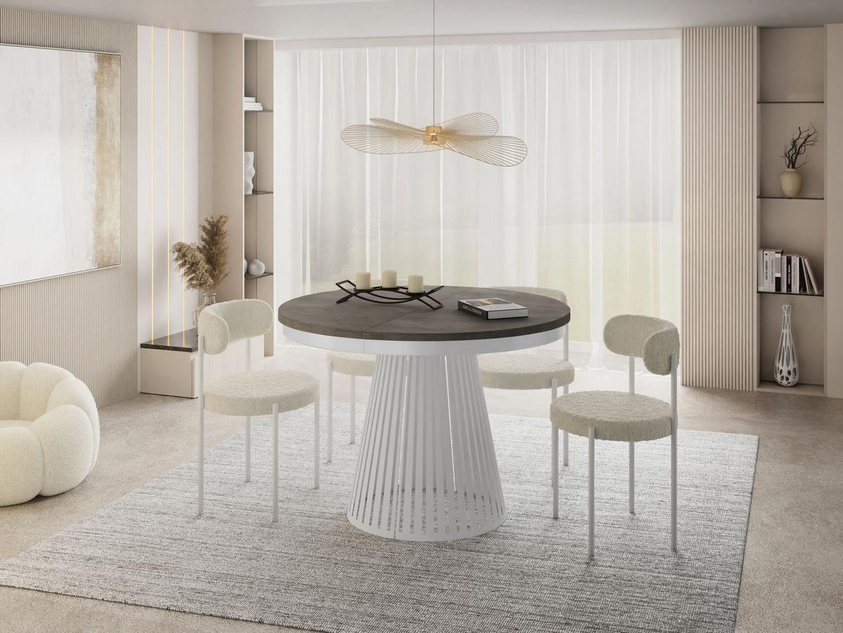 ESSTISCH Naro rund ausziehbar mit Weißem Lamellen-Metallgestell, Beton-Optik Dunkelgrau 120-200/120/76 cm - Dunkelgrau/Weiß, Holzwerkstoff/Metall (120/196/76cm) - WFL GROUP