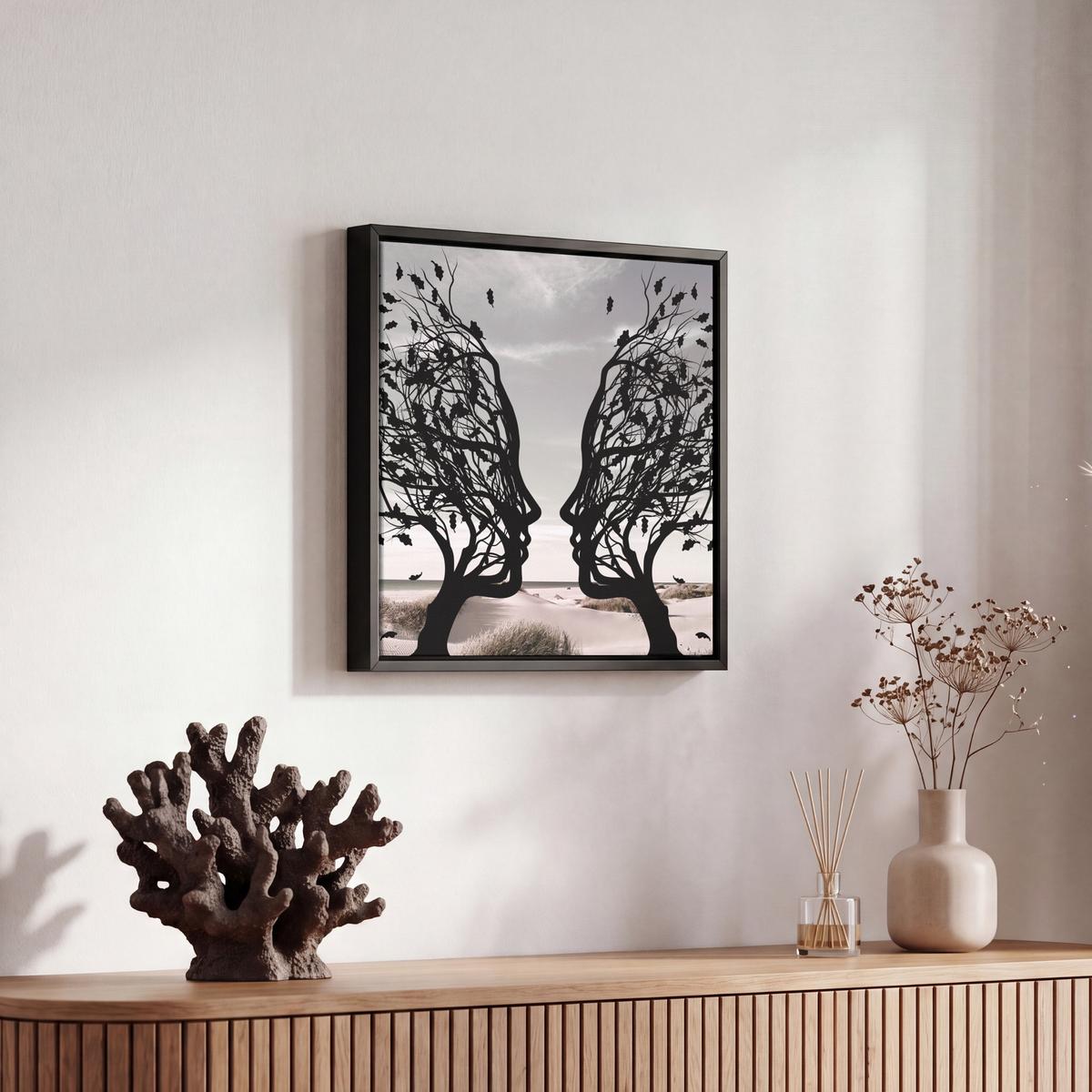 LEINWAND Bilder mit Rahmen - Strand - Meer - Menschen - Baum - Moderne Kunst - 20x20 - Hellgrau, Textil (20/20cm) - MuchoWow