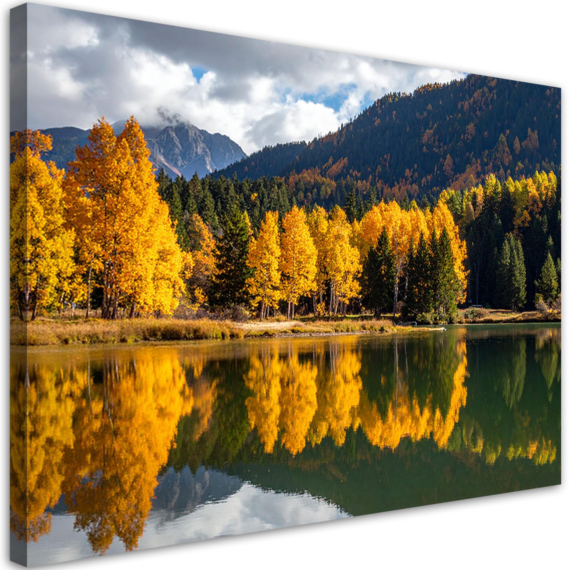 LEINWANDBILD Herbstlandschaft See Berge Natur 100x70cm - Gelb, Textil (100/70cm) - Feeby