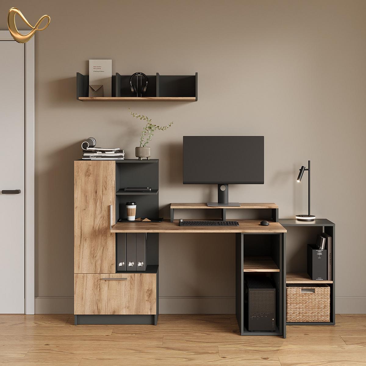 PC-SCHRANK Lorena Anthrazit/Goldkraft Eiche 28.5 x 72 cm mit 2 Fächern - Honigeiche/Anthrazit, Holzwerkstoff (28.5/72/50cm) - Livinity®