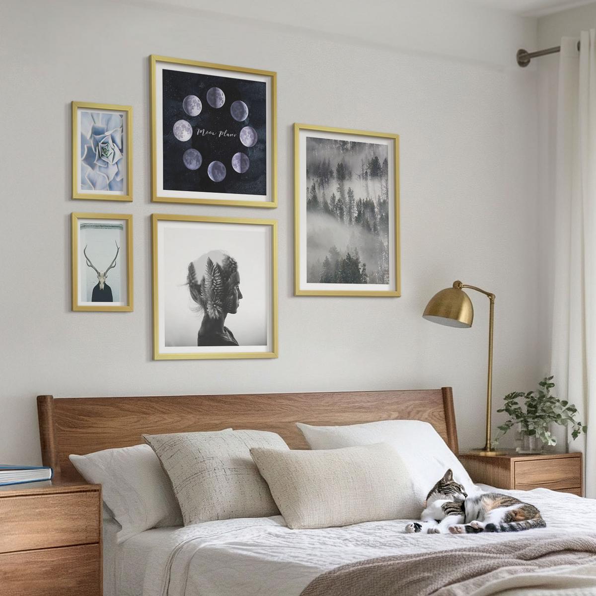 BILDER SET 5er Set - 50x50 cm & 20x30 cm & 40x60 cm Goldrahmen - Waldnebel, Mond, Schädel, Frau - Goldfarben, Kunststoff (40/60cm) - TULUP