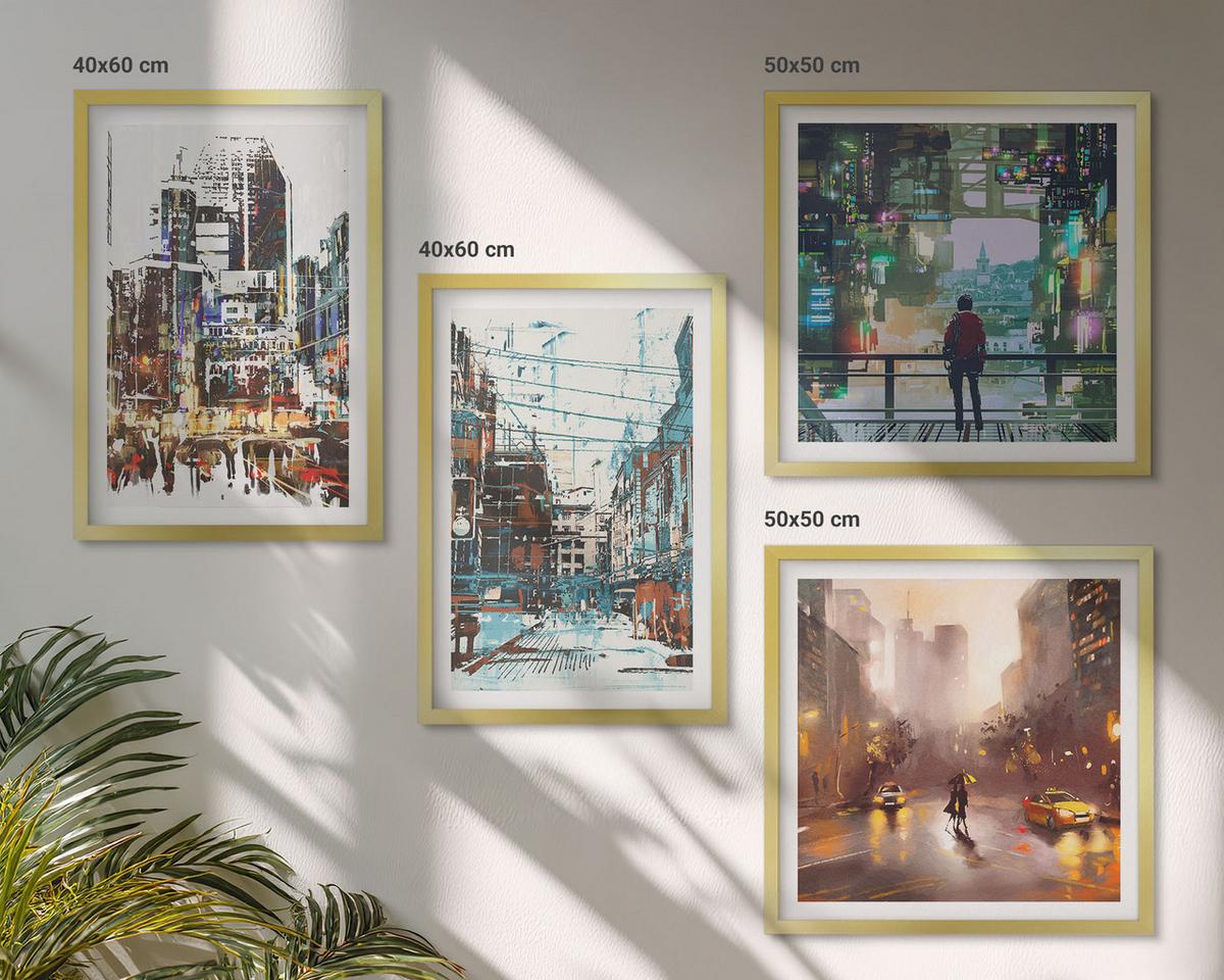 BILDER SET 4er Set - 50x50 cm & 40x60 cm Goldrahmen - Moderne, farbenfrohe Städte mit Charakteren - Goldfarben, Kunststoff (50/50cm) - TULUP
