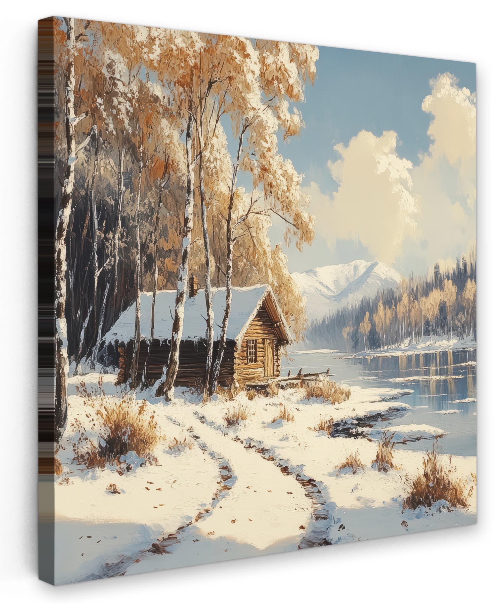 LEINWANDBILD Winter - Schnee - Zuhause - Natur Deko Groß 90x90 cm - Hellbraun, Textil (90/90cm) - MuchoWow