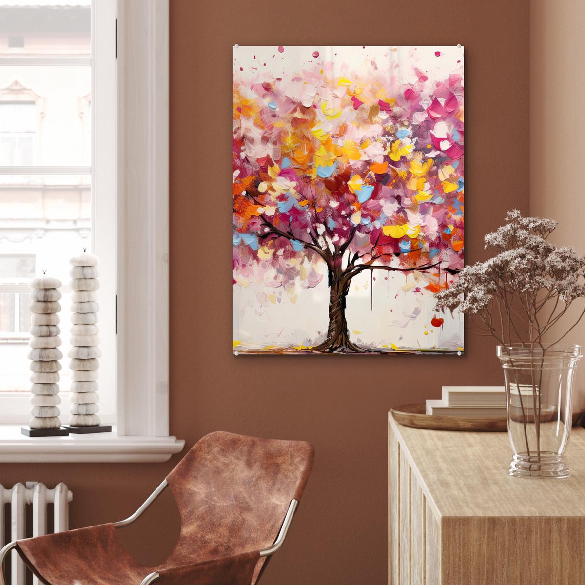 ACRYLGLASBILD Aquarell - Baum - Kunst - Abstrakt 60x80 cm - Multicolor, Glas (60/80cm) - MuchoWow