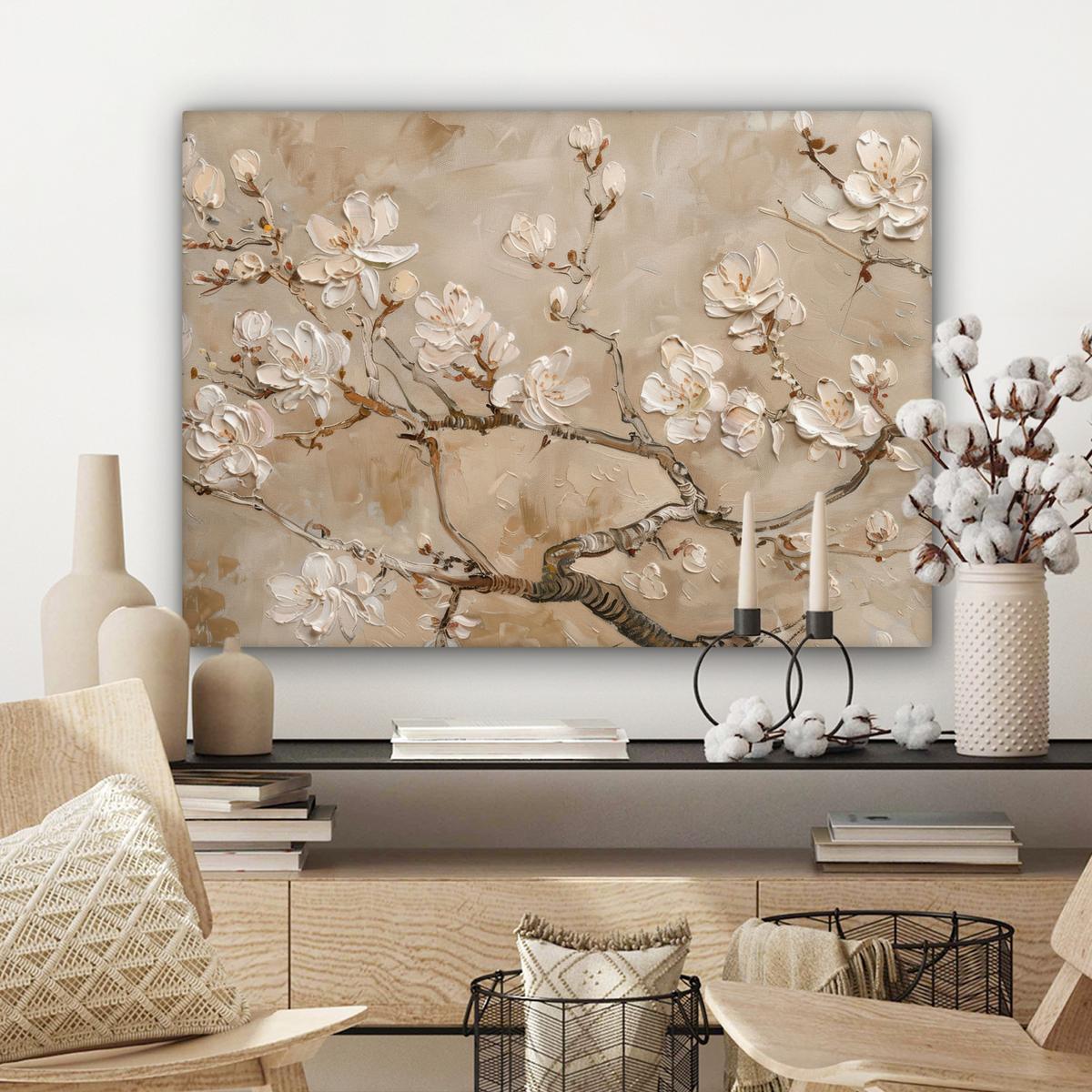LEINWANDBILD Blumen - Modern - Beige - Weiß - Blüte Wandbilder 80x60 cm - Beige, Textil (80/60cm) - MuchoWow