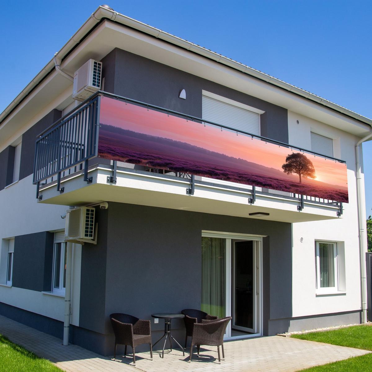 BALKON-SICHTSCHUTZ Baum - Heidekraut - Sonnenaufgang Deko XXL 500x100 cm - Flieder, Kunststoff (500/100cm) - MuchoWow