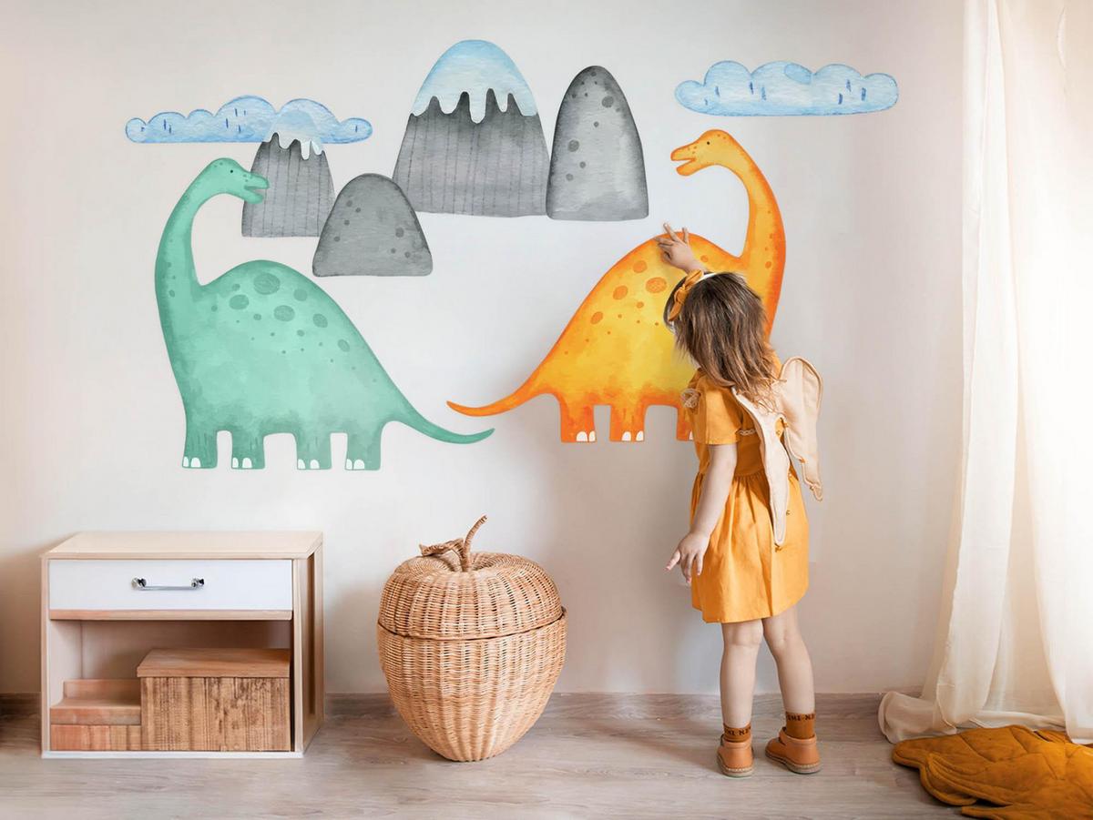 WANDAUFKLEBER 80x143cm - Dinosaurier und Berge - Multicolor, Kunststoff (80/143/0.1cm) - Wallfluent