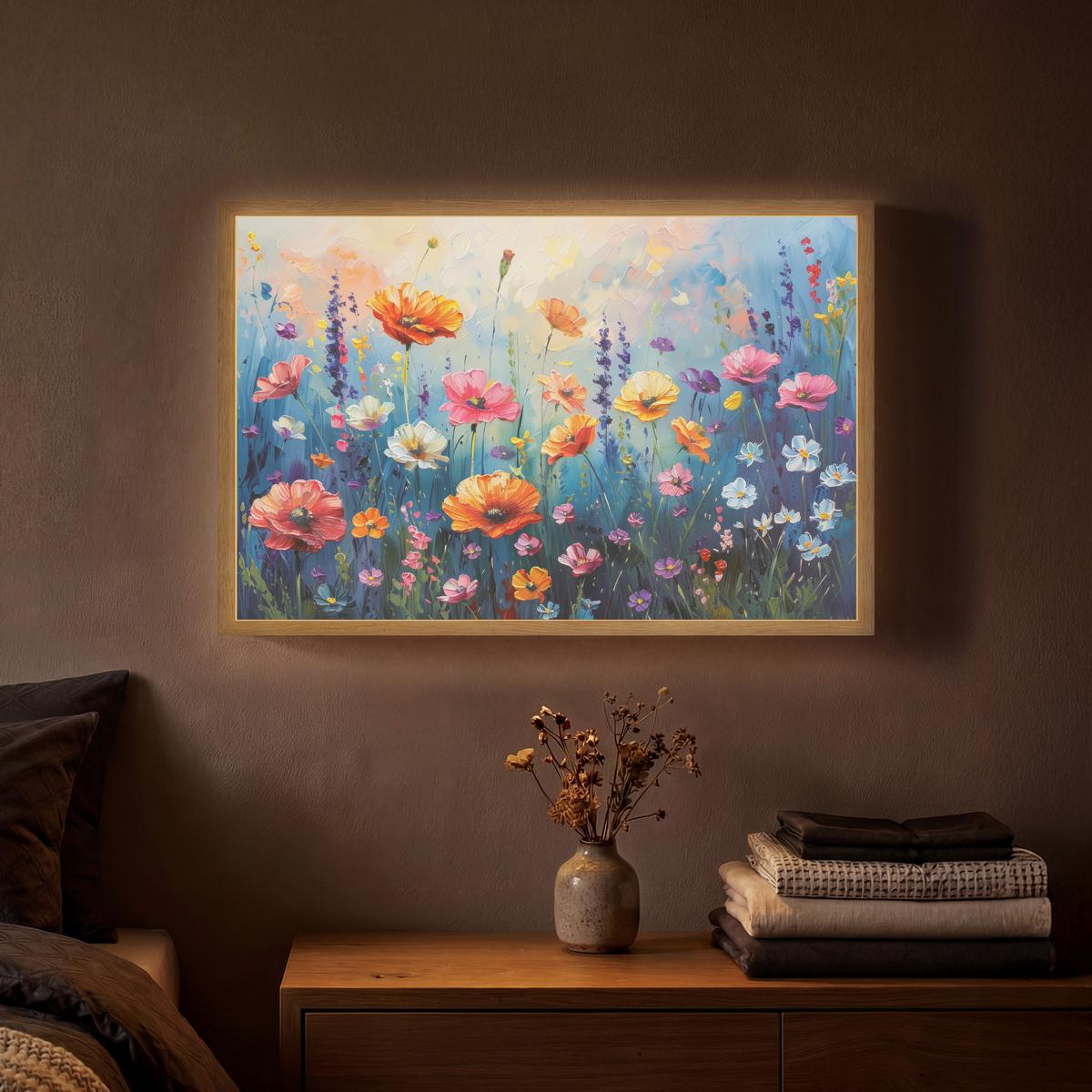 WANDLEUCHTE MIT AKKU Blumen - Natur - Aquarell - Kunst 60x40 cm - Multicolor, Holzwerkstoff (60/40/8cm) - OnlyWow