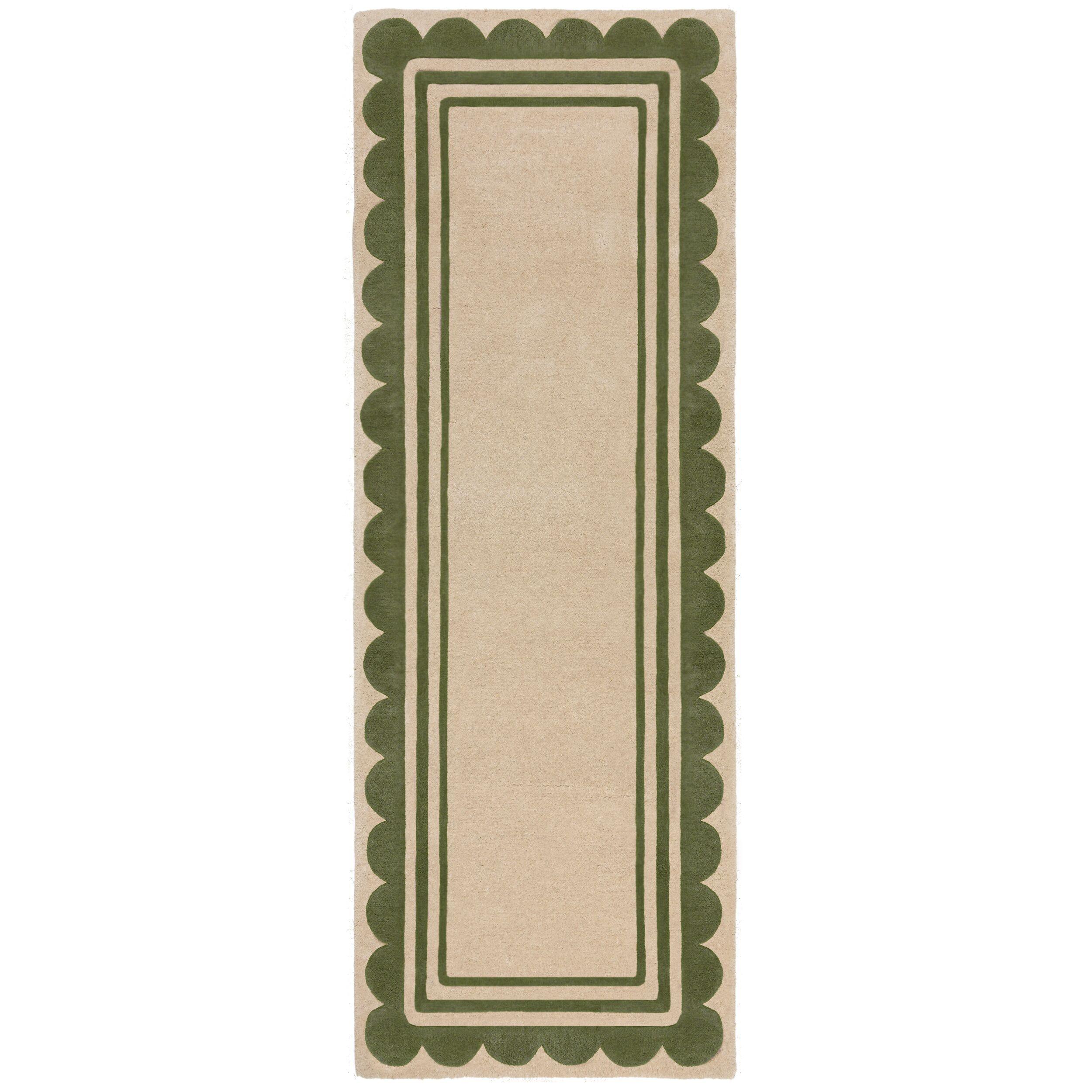 WOLLTEPPICH WENSUM, mit grafischem Muster mit Rahmen, Grün-Beige, 80 x 230 cm - Grün, Textil (80/230cm) - KADIMA DESIGN