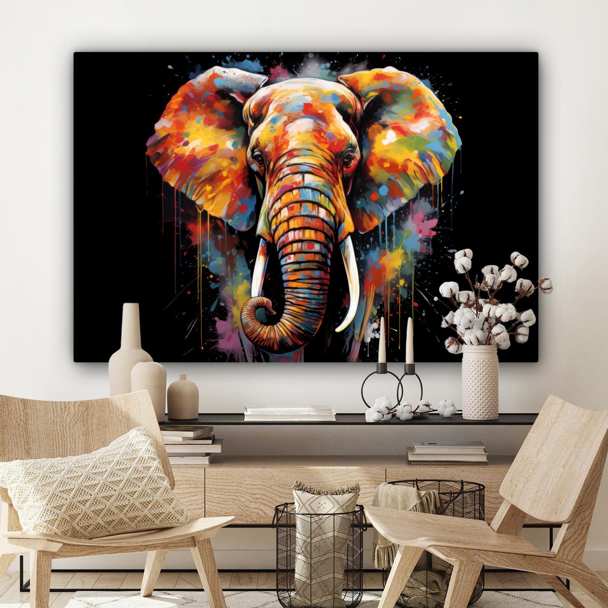 LEINWANDBILD Elefant - Graffiti - Schwarz - Tiere - Farben Groß 140x90 cm - Schwarz, Textil (140/90cm) - MuchoWow