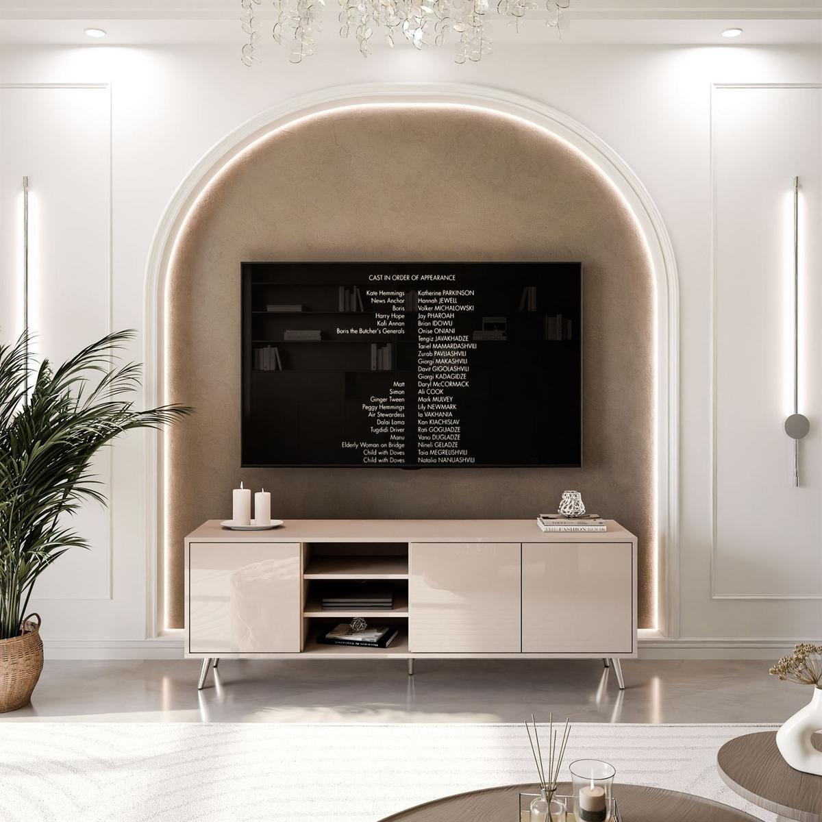 TV-SCHRANK SANAYI Kaschmir Hochglanz – schräge silberne Beine - Kaschmir, Holzwerkstoff (156/54/38cm) - Lookway