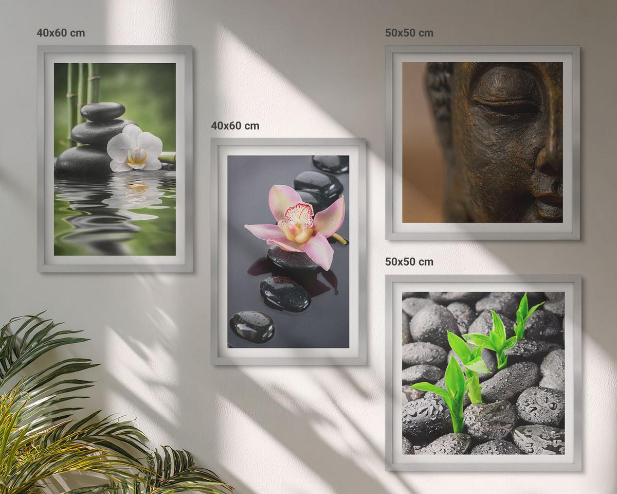 BILDER SET 4er Set - 50x50 cm & 40x60 cm Silberner Rahmen - Friedliche Zen-Blumen-Buddha-Komposition - Silberfarben, Kunststoff (50/50cm) - TULUP