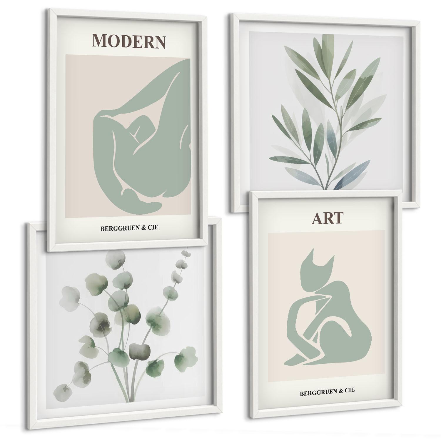 BILDER SET 4er Set - 50x50 cm & 40x60 cm Weißer Rahmen - Pflanzenmotive, zartes Grün - Weiß, Kunststoff (50/50cm) - TULUP