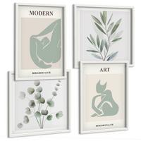BILDER SET 4er Set - 50x50 cm & 40x60 cm Weißer Rahmen - Pflanzenmotive, zartes Grün - Weiß, Kunststoff (50/50cm) - TULUP