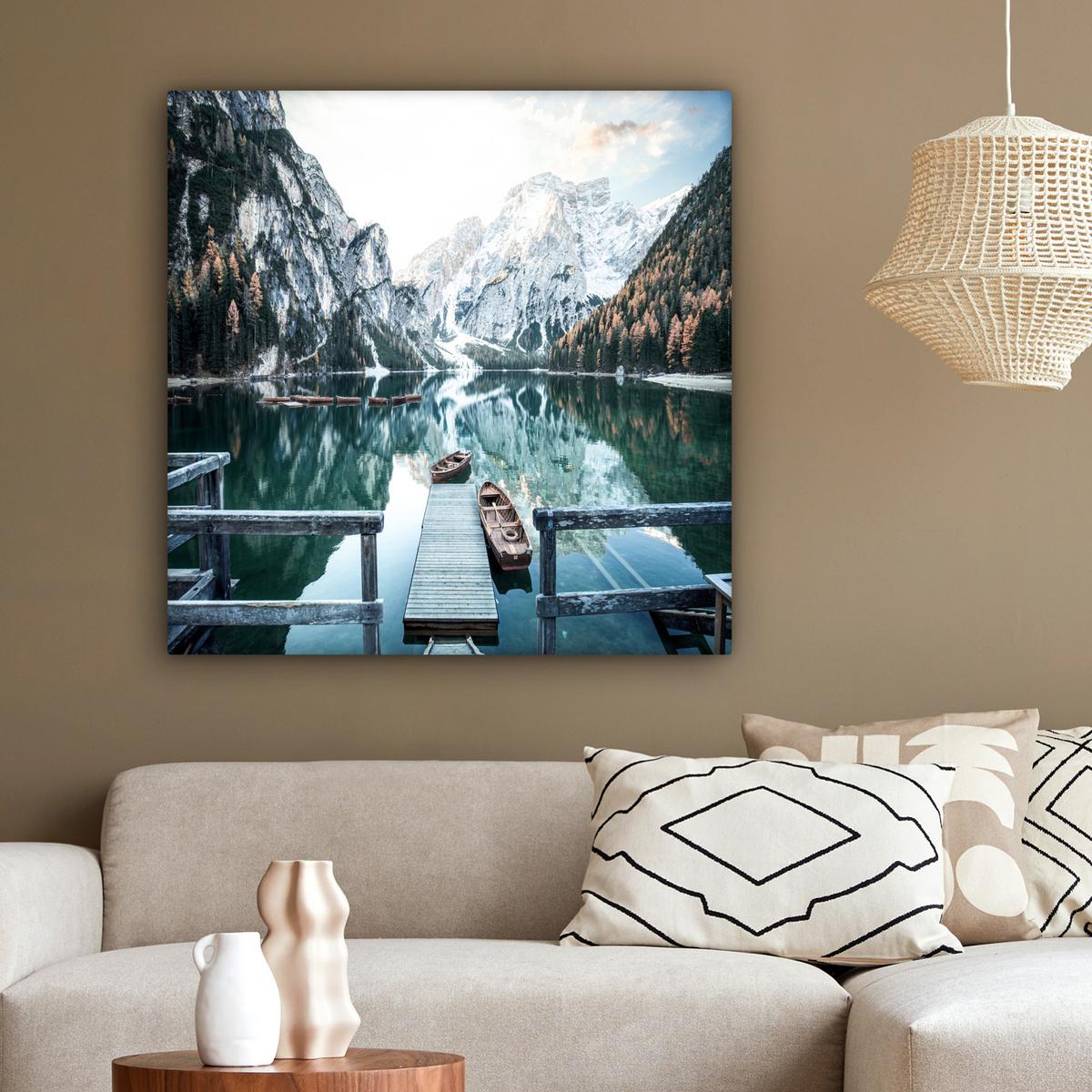 LEINWANDBILD Natur - Berge - Schnee - Wald - Boot Deko Groß 90x90 cm - Hellgrün, Textil (90/90cm) - MuchoWow